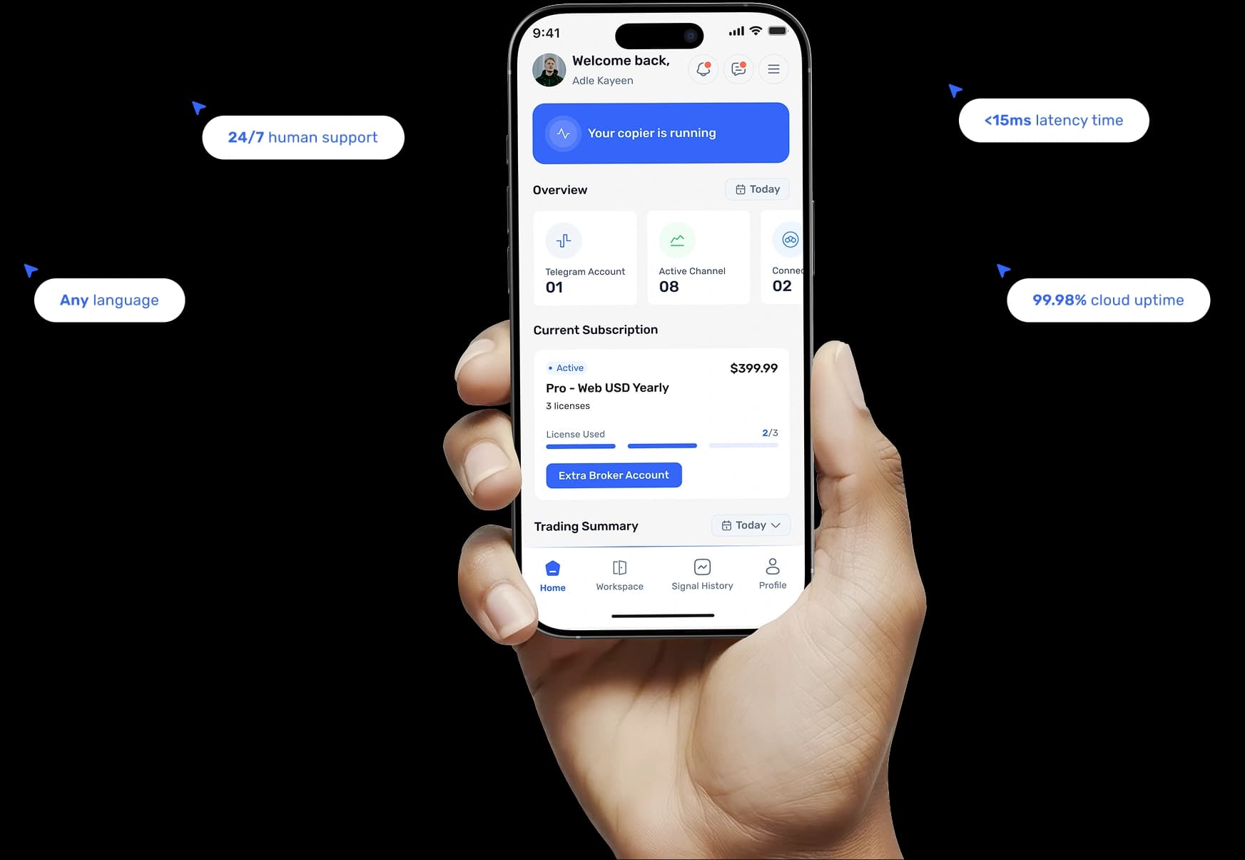trade2sync mobile app showing Telegram signals copied automatically to connected trading accounts